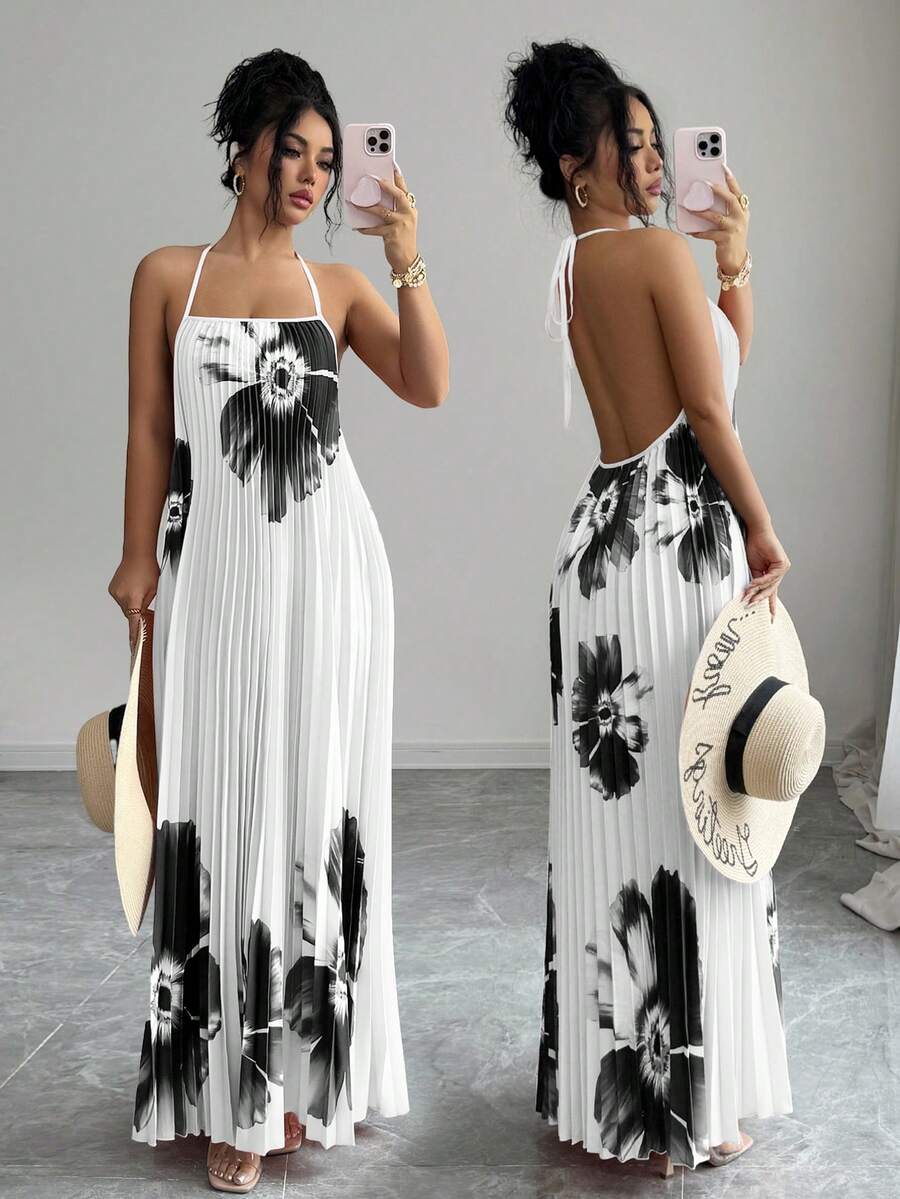 SHEIN Elenzya Women's Loose Fit Pleated Printed Maxi Dress, Elegant Casual Vacation Commute Style, Spring/Summer - White - View 1