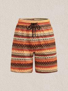 Mercer Haus Men's Multi-Color Wavy Knit Elastic Half-Open Collar Contrast Button Drawstring, Casual, Commuting, Street, Summer Beach 2-Piece Outfit - Orange - View 5