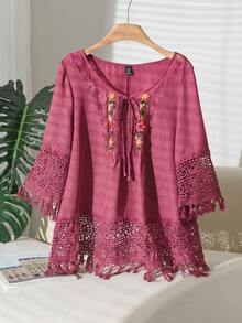 CosyJoli Blusa holgada con puños de encaje y flecos para mujer de talla grande - Rosa Fucsia - Ver 1