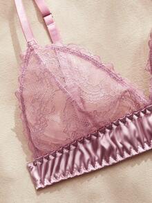 Charlaine 2件套粉色蕾丝拼接薄纱缎面无钢圈三角杯浪漫法式优雅精致女士内衣套装 - 藕粉色 - 查看 3