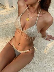 Serisse Dambaddräkt med paljettfransar - Aprikos - Visa 9