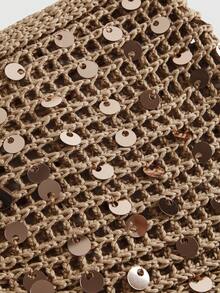 ROMWE Avant 亮片不对称流苏女士毛衣半身裙，侧边系带，性感钩针半身裙，适合海滩度假 - 卡其色 - 查看 4