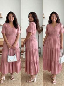 Enliva Plus Size Mùa Hè Đầm Ren Phối Ren Phối Màu Trơn Mùa Hè Thanh Lịch - Bụi hồng - Xem 4