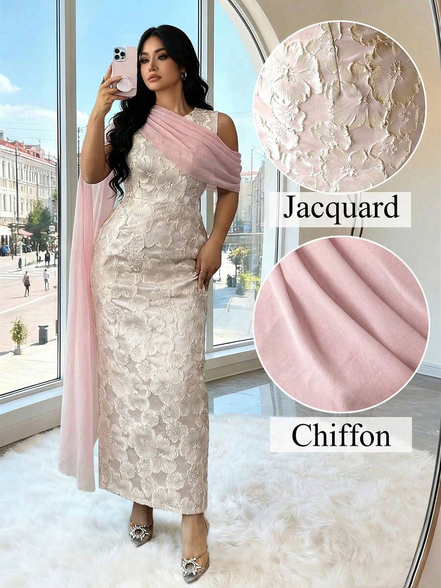 Elenzga Đầm maxi nữ bán chạy nhất, chất liệu vải jacquard vàng có họa tiết, kiểu dáng thanh lịch với khăn choàng chiffon, phù hợp cho các bữa tiệc, hẹn hò, mua sắm và nhiều dịp khác trong mùa xuân/hè. - Hồng - Xem 1