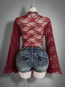 SHEIN ICON Blusa de manga de campana con encaje para mujer de talla grande - Morado - Ver 3