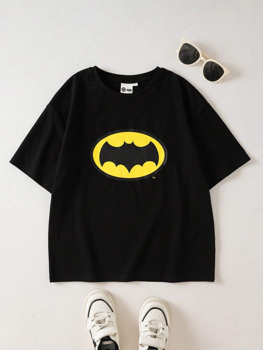 BATMAN X SHEIN Tween Girls' Round Neck Loose Casual Short Sleeve T-Shirt, - Black - View 1