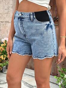 SHEIN Shorts Denim Maternos de Verão Casual, Férias e Trabalho com Barra Desfiada e Soltos, Traje de Carnaval de Verão, Casual Elegante Y2K, Chique, Festa, Casamento, Negócios Casuais, Praia, Formatura, Mulheres Casuais Maternos com Painéis Laterais Elásticos Desgastados para o Verão - Azul - Visão 5