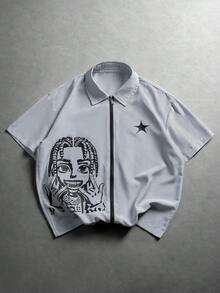 PAVTROS Men's Casual Striped Cartoon Print Shirt, Summer - Black and White - View 3