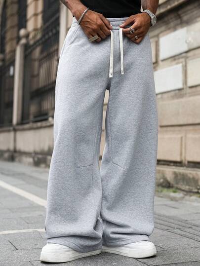 Manfinity Roghcode Men's Solid Color Drawstring Waist Pocket Casual Loose Fit Sweatpants,Gray Autumn Oversized Work Baggy Wide Leg Joggers Track Pants Pro Club Jogging