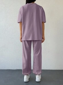 EURMUSE 女款字母印花圓領落肩袖T恤與長褲休閒套裝 - 紫丁香色 - 查看 2