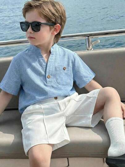 SHEIN LMoss Kids 儿童男童休闲V领短袖衬衫和短裤两件套