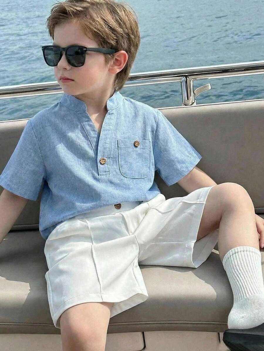 SHEIN LMoss Kids 儿童男童休闲V领短袖衬衫和短裤两件套
