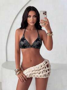 SHEIN Swim Summer Beach Glitter Stars Pattern Halter Bikini Top - Black - View 6