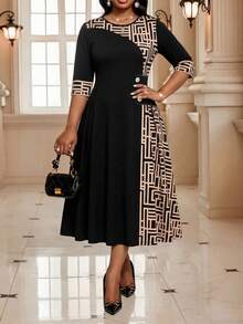 SHEIN Lady CURVE Đầm ngắn tay cổ tròn in họa tiết hình học dành cho nữ cỡ lớn - màu đen - Xem 5