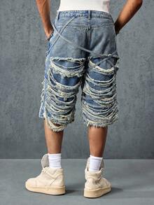 Street Life Spring/Summer Casual Graphic Men'S Distressed Denim 3/4 Length Blue Shorts - Blue - View 9