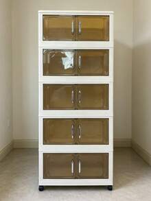 1PC 45/60CM Foldable Storage Cabinet, 1-5 Tier Double Door Storage Organizer, Thickened Plastic Wheeled Storage Cabinet, Living Room Toy & Snack Multi-Layer Cabinet, Clothes Storage Cabinet, Home Dust-Proof Shelving, Home Storage Rack, Storage Box, Plastic Container, Oil Bottle, Kitchen Storage Supplies, Cup Rack, 1 Oil Bottle, Spoon Rack, Kitchen Storage Rack - Multicolor - View 4