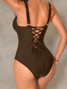 Shapewave Women's Solid Color One-Piece Swimsuit, Suitable For Beach Vacation, Pool Party, Beach Party - Coffee Brown - View 8