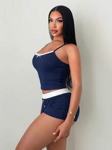 SHEIN SXY 女士撞色蕾丝吊带背心和短裤套装 - 藏蓝色 - 查看 7