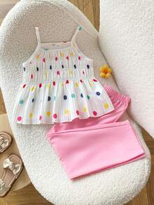 SHEIN Playful Pals 女童蓝白格子印花无袖上衣和配套长裤两件套，修身剪裁，适合外出、休闲、运动、派对等场合。 - 彩色 - 查看 5