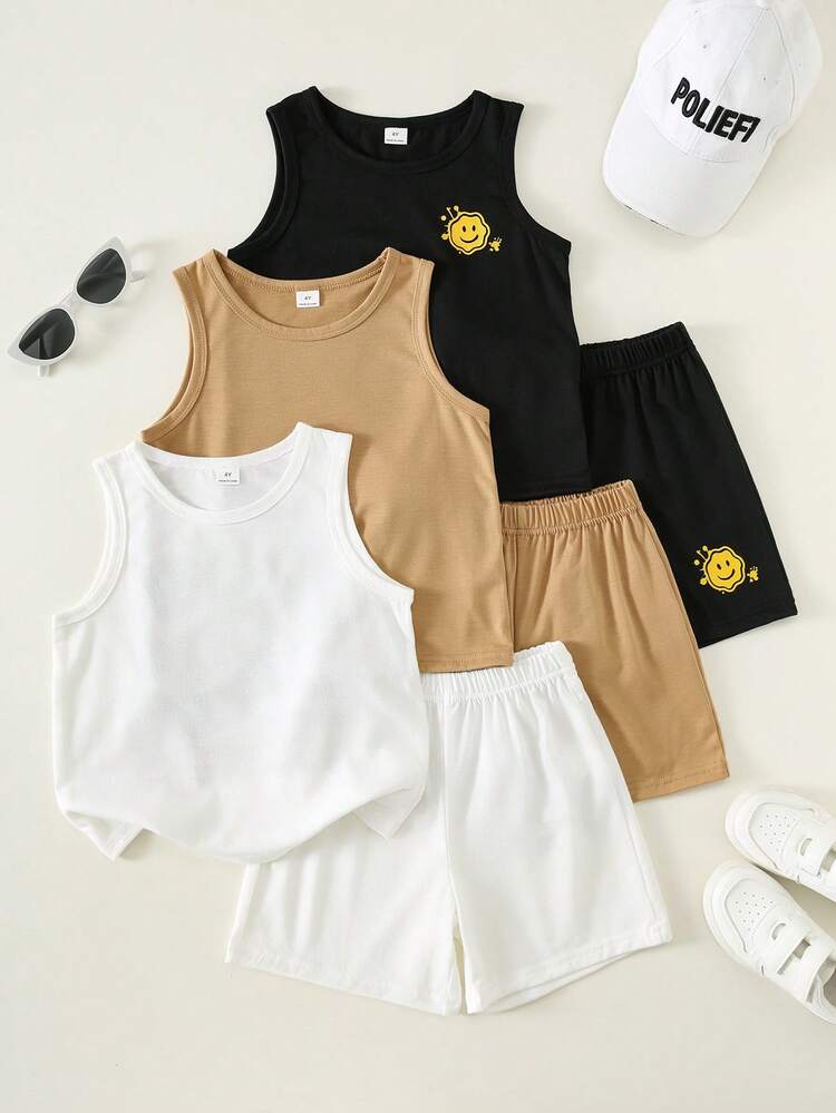 SHEIN Bộ 3 món gồm áo ba lỗ và quần short in hình mặt cười cho bé trai/bé gái, kiểu dáng thường ngày, phong cách đường phố mùa hè. - màu đen - Xem 2