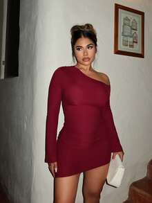 女式春装新年约会夜罗纹针织褶皱不对称领口修身半身裙 - 酒紅色 - 查看 4