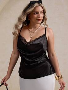 Elegantrix Áo cami satin viền ren bất đối xứng thanh lịch - màu đen - Xem 5