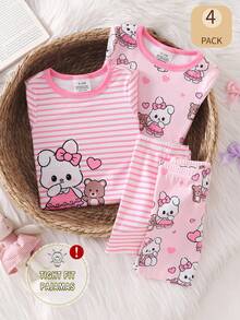 Bộ đồ ngủ 4 món cho bé gái, kiểu dáng ôm sát, in hình thỏ và trái tim hoạt hình, kẻ sọc, cổ tròn, tay ngắn và quần đùi, thích hợp mặc ở nhà, chơi ngoài trời và mặc thường ngày vào mùa hè. - Hồng - Xem 3