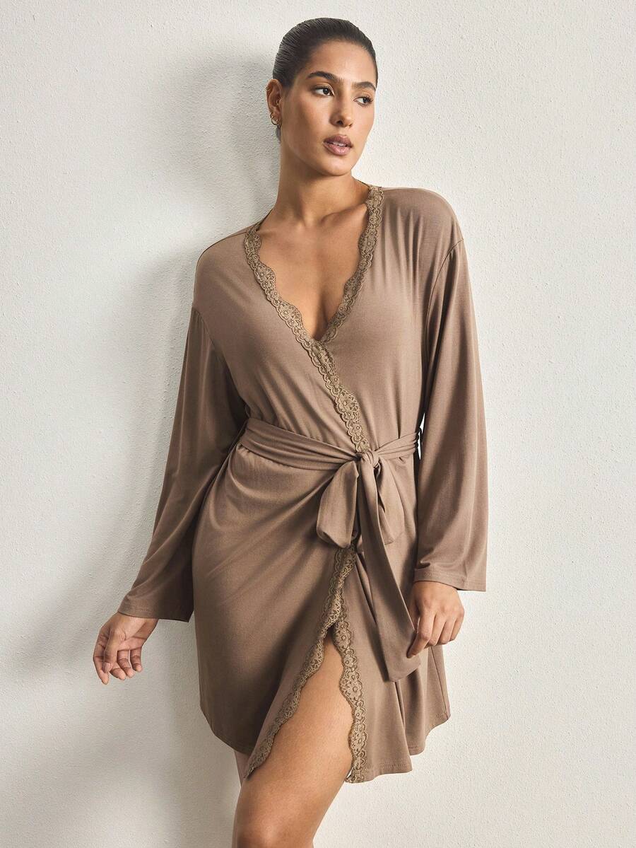 Ocili 简约舒适男女通用蕾丝睡袍，易于打理的女士睡衣浴袍 - 棕色 - 查看 1