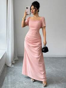 Nuevo 2026 Vestido elegante y romántico para mujer con cuello cuadrado y cintura ceñida, de manga corta - Rosa coral - Ver 6