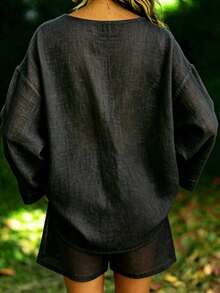 SHEIN LUNE 女士休闲度假简约纯色半透明V领衬衫和短裤两件套，春夏款 - 黑色 - 查看 2