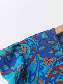 Linhara Plus Size Women's Paisley Colorful Cashew Flower Print V-Neck Ruffle Sleeve Top And Solid Color Drawstring Pants 2-Piece Set - Blue - View 5