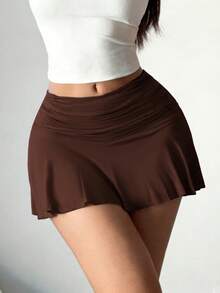 INAWLY Solva Women's Solid Color Pleated Fashionable Versatile Mini Skirt - Coffee Brown - View 2