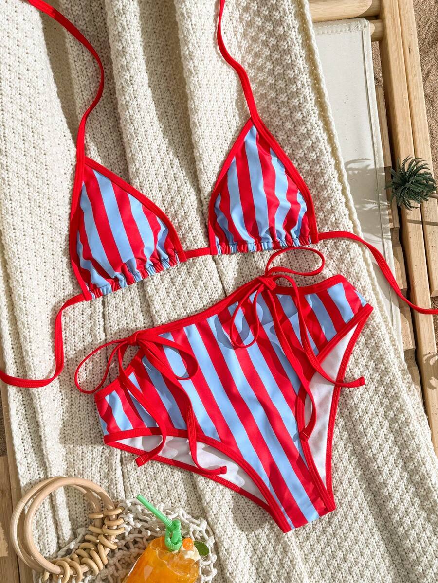 Swim Vcay 女士时尚条纹印花纯色抽绳设计沙滩比基尼套装,春夏热销款 - 彩色 - 查看 1