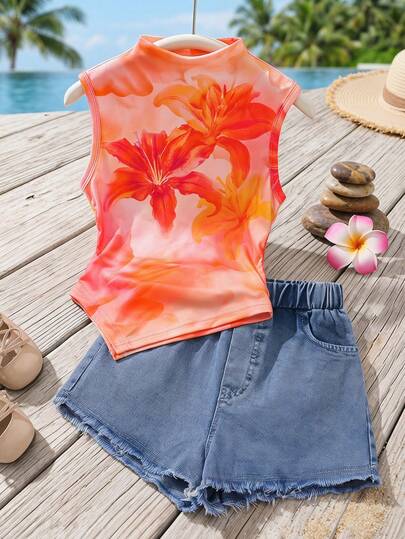 春夏轻薄休闲运动风女童无袖针织印花上衣+浅蓝色牛仔短裤套装，时尚简约，适合日常外出、玩耍、运动等各种场合。