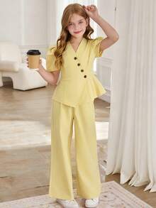 SHEIN Bộ 2 món cho bé gái: Áo tay cánh hoa cài chéo, gấu quần xếp ly và quần ống rộng thẳng. - Màu vàng - Xem 5