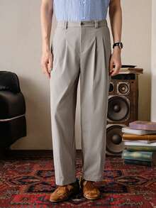 VeloEdit Gery Color Men's Casual Everyday Workwear Minimalist Solid Color Slant Pocket Pleated Long Pants Men Pants Dress High Waisted Pants Oversized Pants Pleated Suit Pants Grey Pants Old Money Daily Leisure, Boyfriend/Husband Gift, Father's Day For Father Summer - Light Grey - View 1