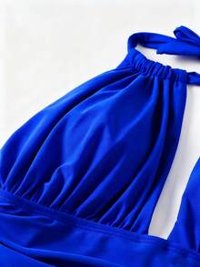 SHEIN Swim Áo tắm liền thân mùa hè dành cho nữ, màu trơn, xếp ly, hở lưng, buộc dây phía trước. - Xanh đậm - Xem 4
