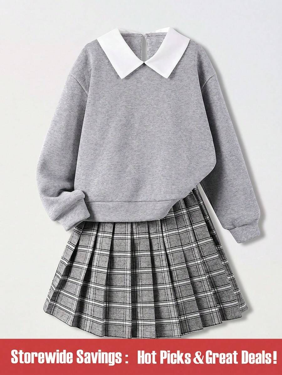 SHEIN Conjunto de niña preadolescente de sudadera con cuello de polo y falda 2 en 1 - Café integral - Ver 1