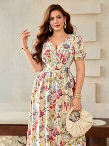 Roveilla Robe imprimée à encolure en V, taille froncée, drapée, pour grandes tailles, printemps/été - Nude - Voir 3