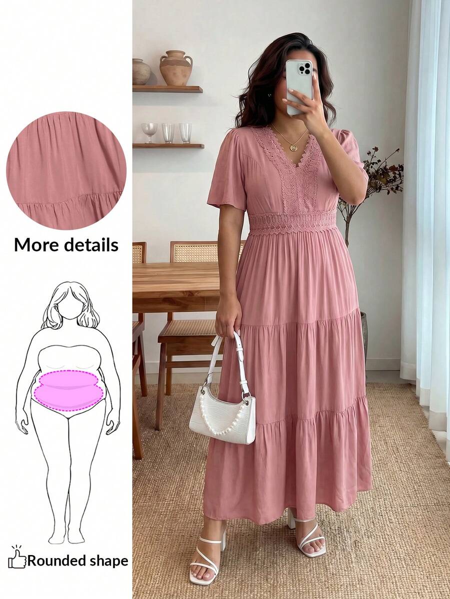 Enliva Plus Size Mùa Hè Đầm Ren Phối Ren Phối Màu Trơn Mùa Hè Thanh Lịch - Bụi hồng - Xem 1