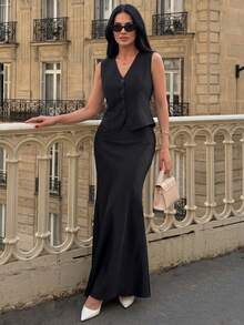 SHEIN Women, Autumn, Spring, Regular Length, Sleeveless, Blazer, Lace, Romantic, Elegant, - Black - View 1