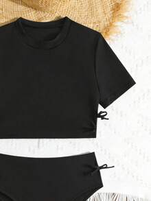 New Fashion Solid Color Fabric Swimwear Set For Tween Girl - Black - View 3
