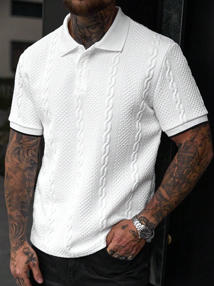 Manfinity Homme Men's Fashionable Casual Retro Short Sleeve Polo Shirt, Essential For Daily Outings, Great Gift For Family And Friends,Football, World Cup - White - View 1