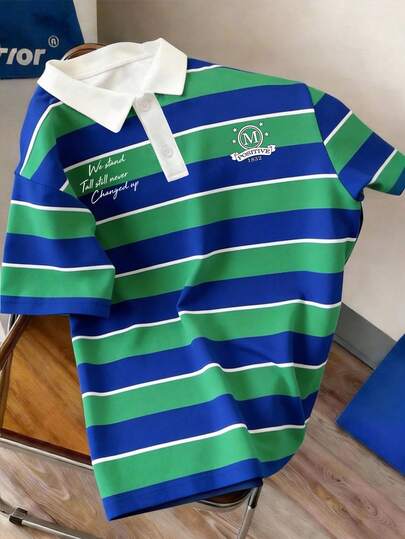 Manfinity Joysei Men's Retro College Style Blue & Green Striped Polo Shirt, Young & Fashionable, Suitable For Daily Wear