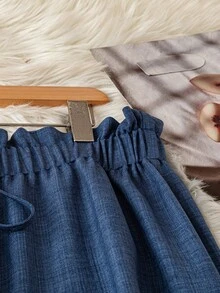 SHEIN PETITE CURVE Quần ống rộng cạp cao, thun co giãn, viền bèo nhún dành cho nữ cỡ lớn, trang phục công sở thanh lịch, quần tây màu xanh dương, phù hợp cho kỳ nghỉ hè. - Màu xanh lam - Xem 5