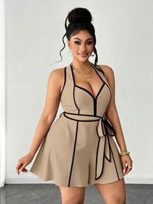 Maweii Áo liền quần cổ yếm phối nhiều mảnh dành cho nữ cỡ lớn, kiểu dáng thường ngày, thoải mái. - Màu Khaki - Xem 3
