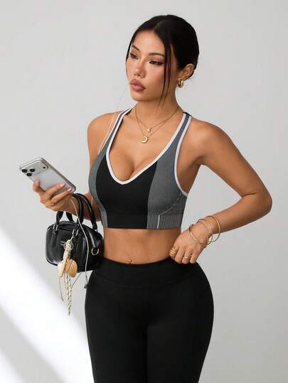 Seamluxe SHEIN Sport 女士条纹休闲健身运动文胸