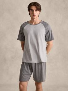 EverLounge 2 件套 男士 撞色插肩袖上衣和短裤 家居服套装 - 灰色 - 查看 4