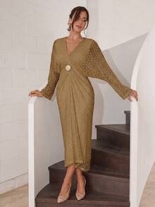 Modelyn Women's Solid Color Deep V-Neck Metal Decor Casual Party Dress - Khaki - View 7