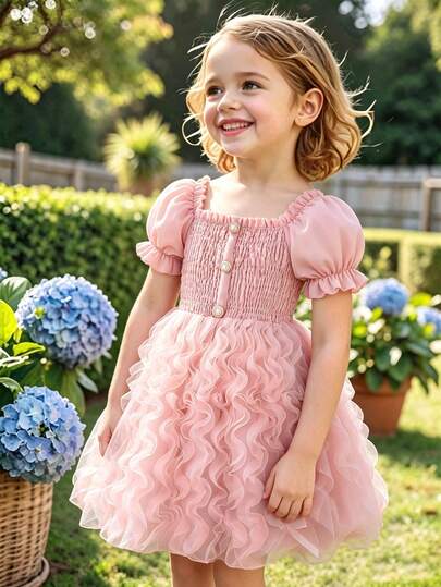 Glamorique Kids Girls Delicate Lady-Like Pearl Button Decor Petal Sleeve Mesh Skirt Dress With Ruffle Hem, Suitable For Birthday Party, Daily Wear, Spring/Summer Sagala Gown For Kids Young Girl Dresses Pink Gown For Kids Pink Flower Girl Dress Princess Gown For Kids